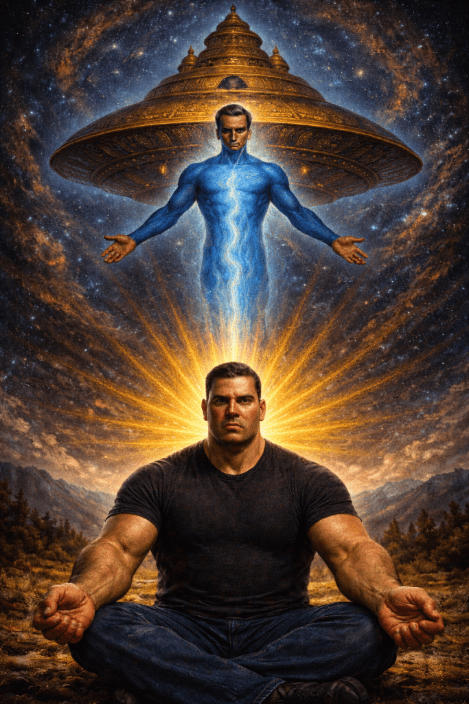 Kevin Wikse depicted as a powerful occult practitioner and remote viewer in deep meditation, embodying cosmic ascension, disciplined strength, and higher intelligence beneath a celestial craft.
