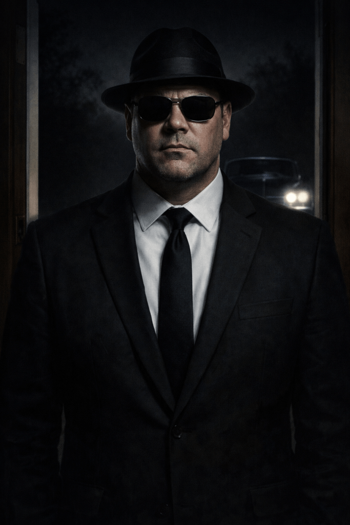 Kevin Wikse portrayed as a Men in Black–style investigator, embodying controlled authority, high-strangeness investigation, and quiet menace outside a residence at night.