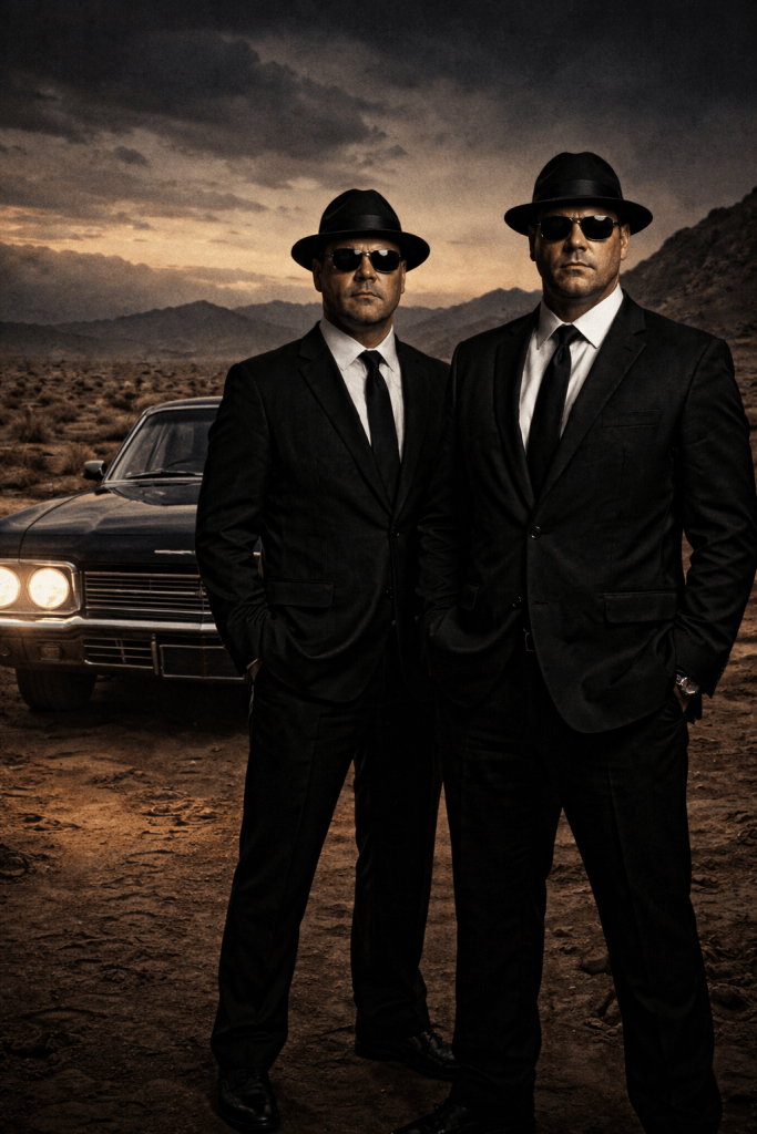 Kevin Wikse documents two Men in Black standing beside an unmarked vehicle in a deserted wasteland, conveying procedural authority, psychological intimidation, and enforced silence.