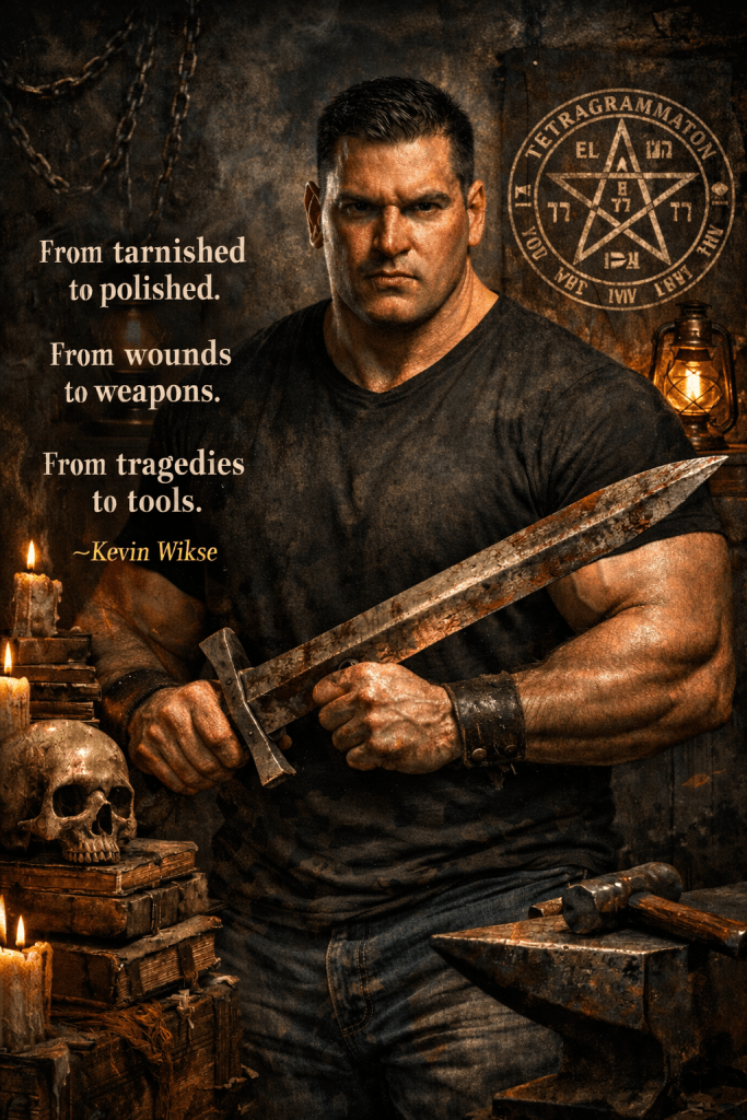 Kevin Wikse portrayed as a disciplined occult practitioner and strongman, embodying real-world strength, ritual authority, and transformation beneath the Tetragrammaton emblem.
