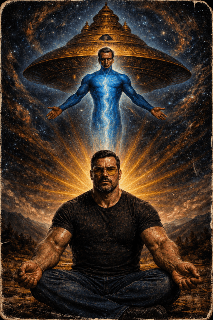 Cinematic portrait of investigative author Kevin Wikse seated in meditation beneath an ancient Vimana, with the radiant figure of Valiant Thor appearing above in a symbolic vision. The artwork explores themes of consciousness, remote viewing, lucid dreaming, higher awareness, comparative spirituality, esoteric philosophy, and humanity's relationship with transcendent intelligence.