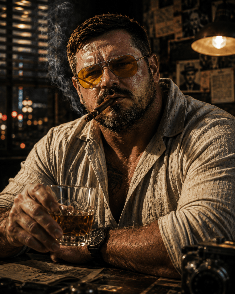 Kevin Wikse, investigative author and gonzo journalist, holding a whiskey glass while smoking a cigar in a cinematic Los Angeles noir office, known for research into lucid dreaming, consciousness, folklore, occult traditions, and anomalous phenomena.
