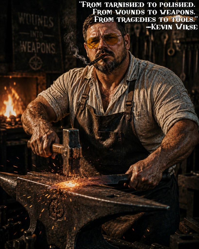 Kevin Wikse forging hot steel on an anvil in a traditional blacksmith forge, symbolizing the philosophy of turning wounds into weapons through craftsmanship, resilience, discipline, and personal transformation.